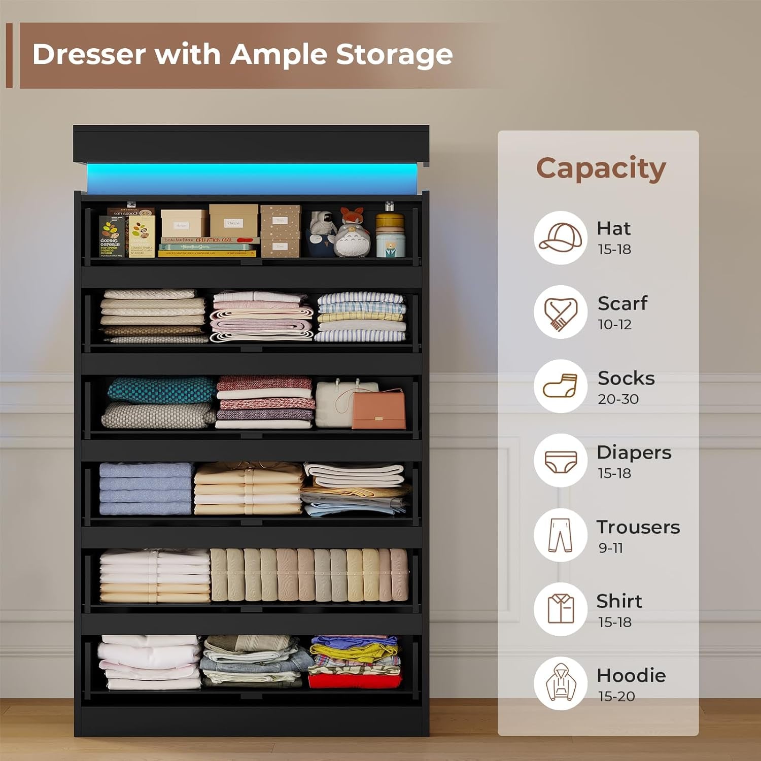 Tall 6 Drawer Dresser with LED Light, Black Modern Chest of Drawers for Bedroom,Closet Dressers with Drawers for Living Room, Entryway, Hallway