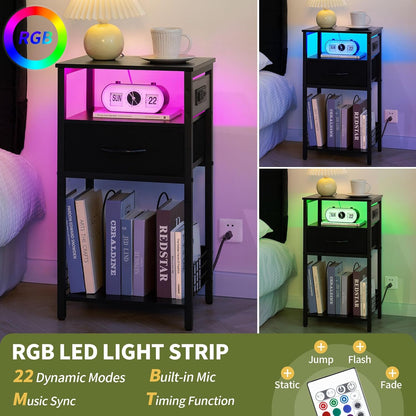 Record Player Stand with Storage - End Table with Charging Station & LED Lights, Vinyl Record Storage Holds up to 100 Albums, Nightstand with Drawer for Living Room Bedroom, Black