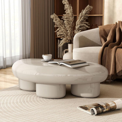 Kavren Modern 37-Inch Oval Glossy Low Profile Coffee Table, Stone Shape Living Room Furniture for Small Space, Ivory