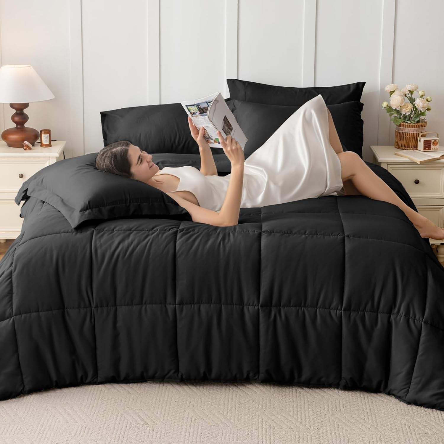 Queen Comforter Set, Ultra-Soft Bed in a Bag Queen Size 7 Pieces, Oeko-Tex Certified Bedding Set with down Alternative Comforter, Sheets, Pillowcases & Shams, Black