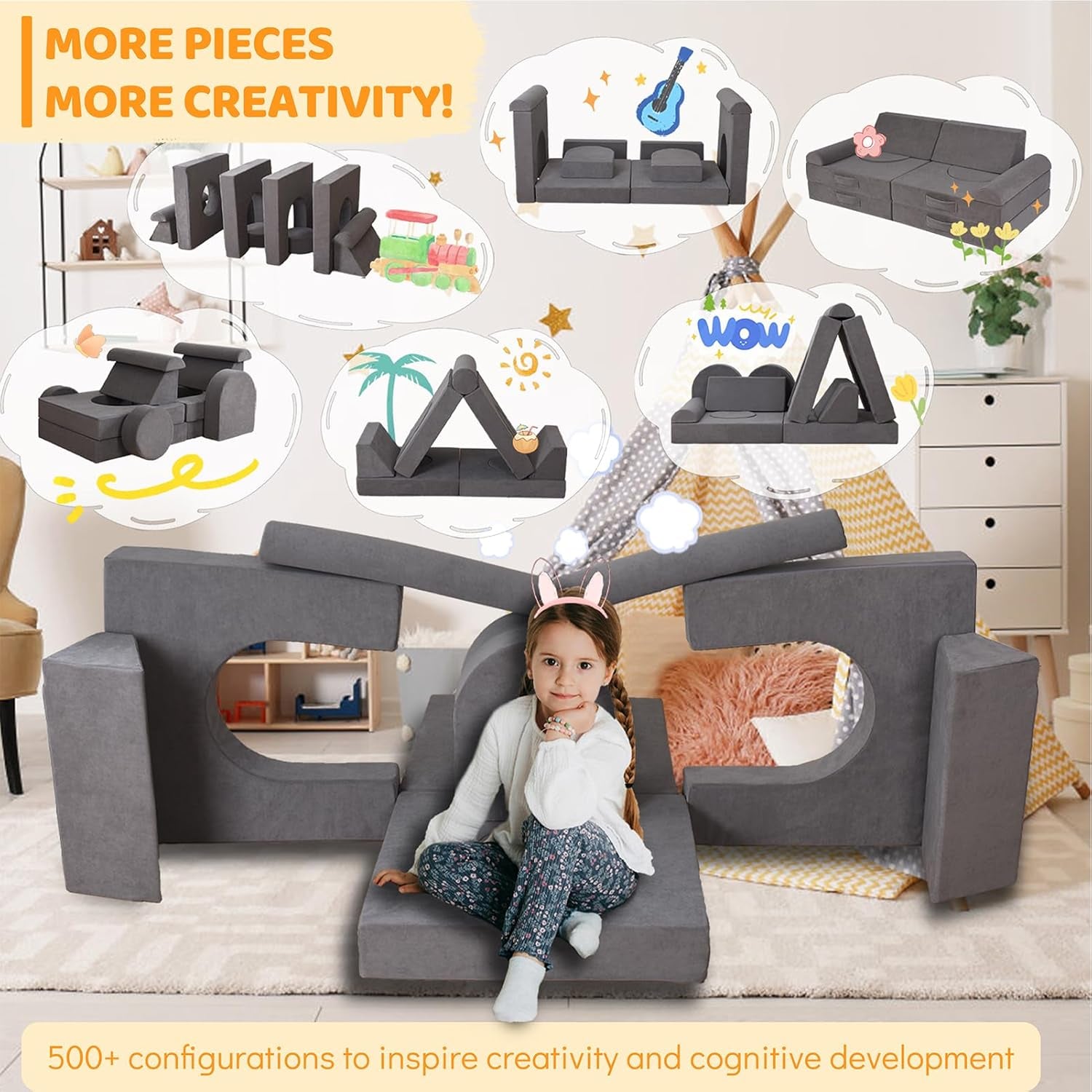 12-Piece Modular Kids Play Couch – Premium Soft Foam, Removable Cover, Comfortable & Safe Toddler Couch for Children 1-6 Years, Portable & Easy to Clean, Ideal for Living Room & Playroom