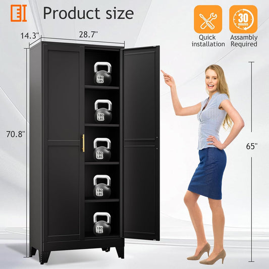 71" Tall Metal Pantry Storage Cabinet with Doors and 4 Adjustable Shelves, Black Kitchen Food Pantry Cabinets, Tall Freestanding Cupboard for Kitchen, Dining Room or Living Room, Black
