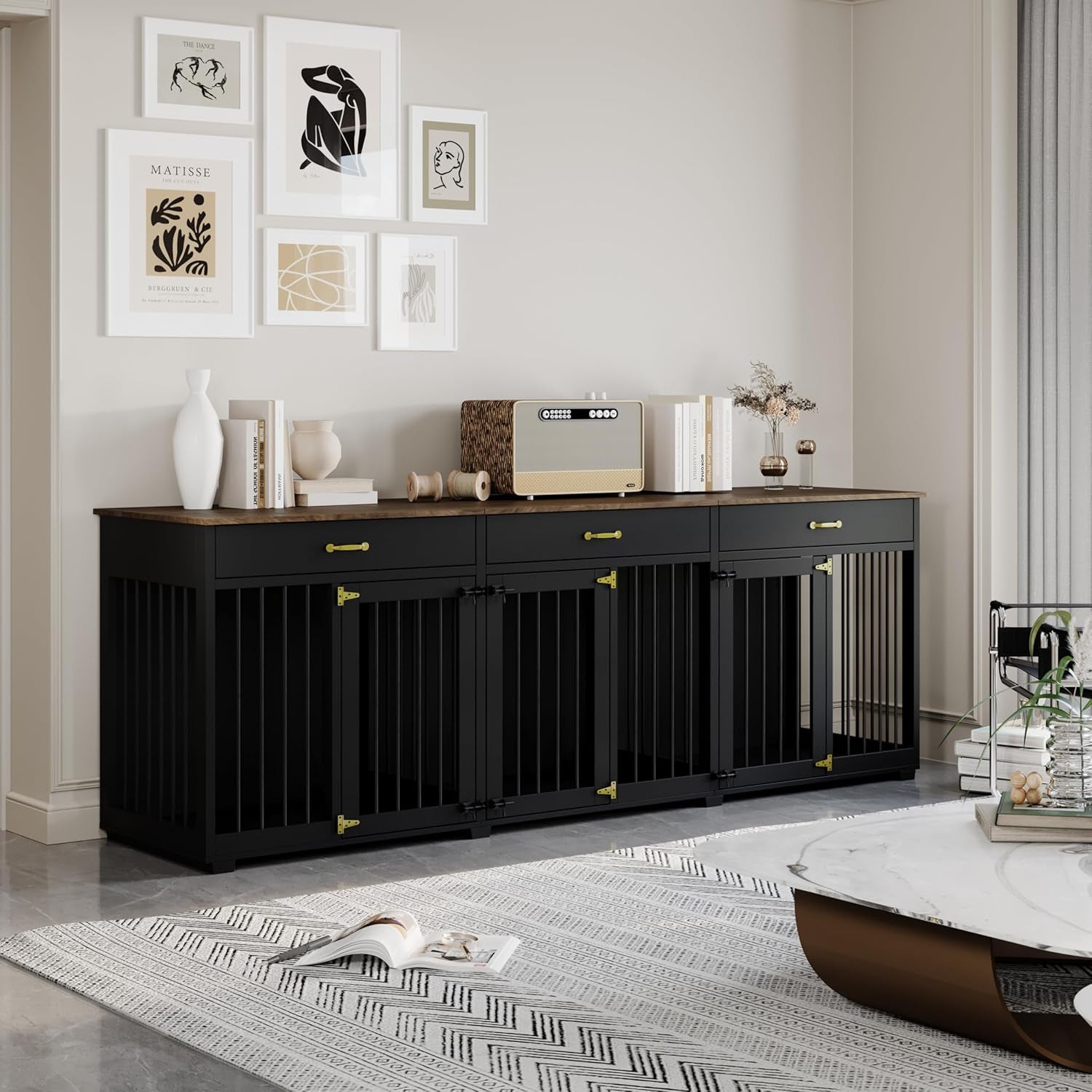 Dog Crate Furniture - Indoor Wooden Dog Kennel Crate with 2 Dividers, 3 Drawers, and 3 Lockable Doors, 95"X23.6"X31.5"H, Black