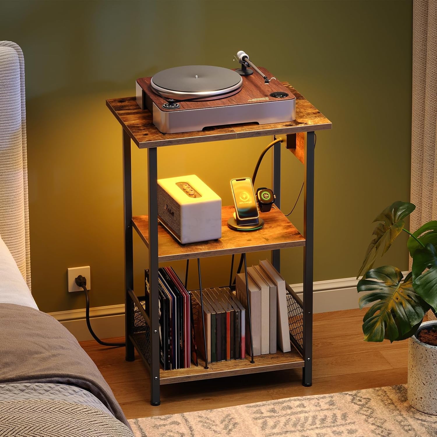 Record Player Stand with Charging Station and LED, Turntable Stand with Storage, 3 Tier End Table Hold up to 100 Albums, Record Table for Vinyl, Living Room, Rustic Brown and Black BF06UDRS01