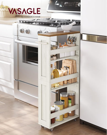 4-Tier Slide-Out Storage Cart, Slim Kitchen Cart for Small Spaces, with Wheels, Handle, Bathroom, Laundry Room, 5.9 X 17 X 34.1 Inches, Rustic White and Honey Brown ULRC050K01