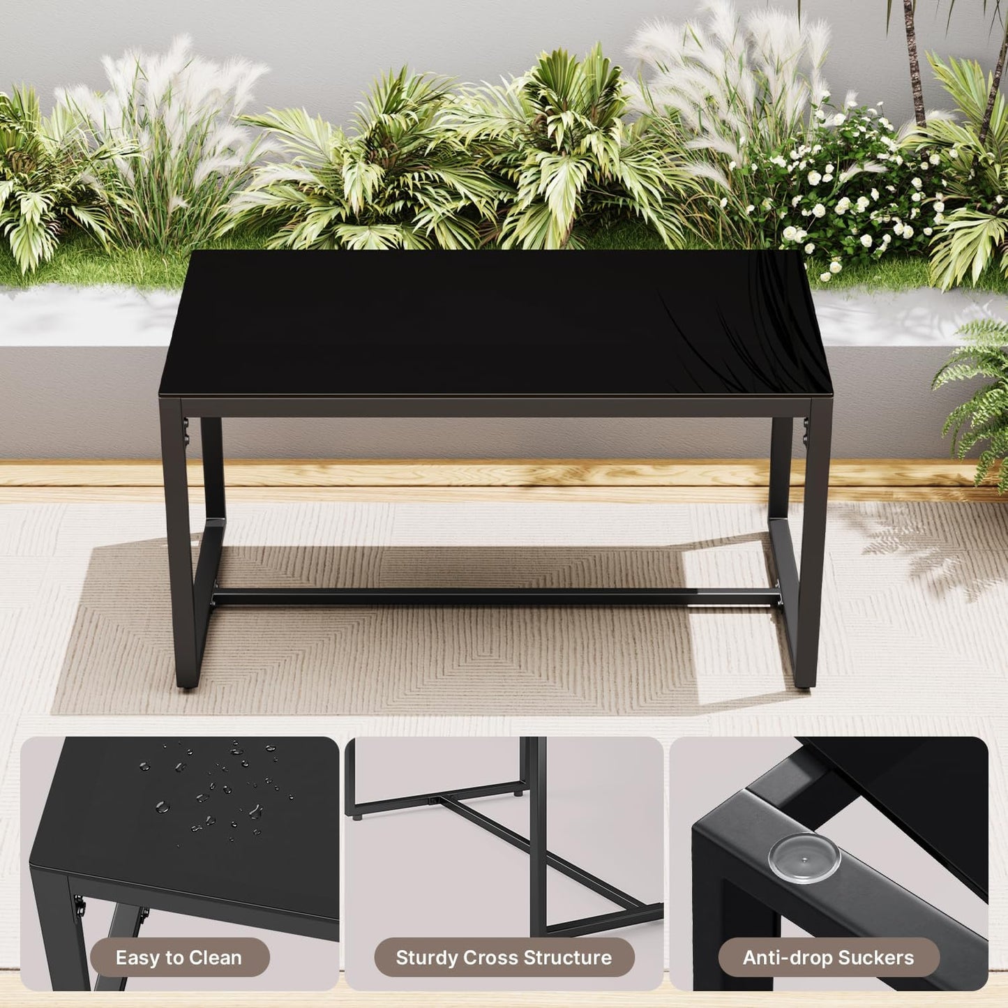 Black Wicker Furniture with Glass Coffee Table, 4 Piece Patio Furniture Set, Outdoor Rattan Conversation Set, for Backyard, Poolside, Porch, Lawn, Cushion-Black