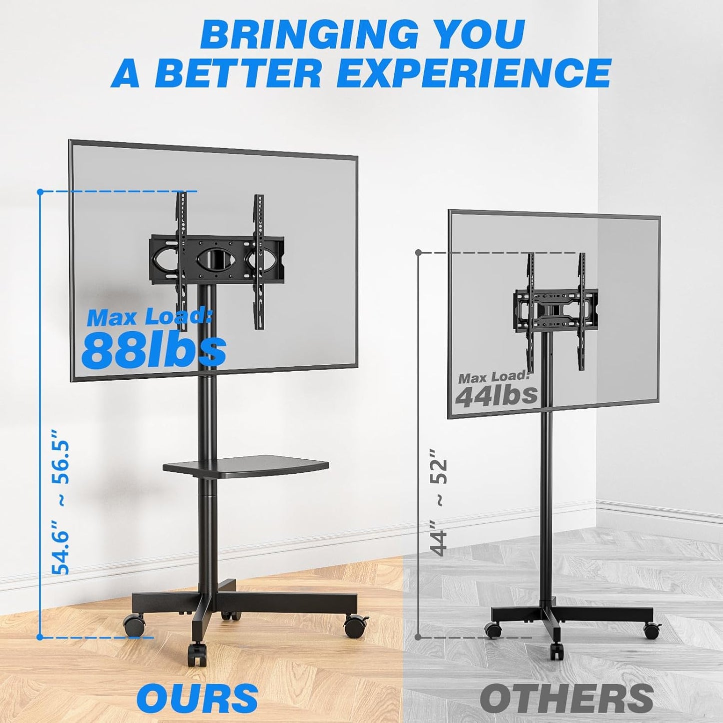 Mobile TV Stand for 23-60 Inch LCD LED Flat/Curved Panel Screen Tvs up to 88 Lbs, Rolling TV Stand with Adjustable Shelf & Tilt, Portable Floor Stand on Wheels for Bedroom, Living Room, Office