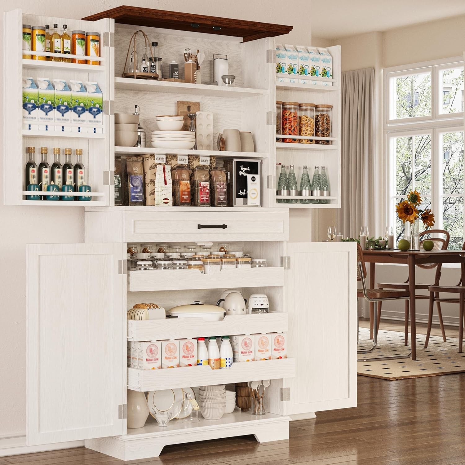 Farmhouse Kitchen Pantry Cabinet, 72" Height Tall Freestanding Cupboard with Sliding Storage Rack and 6 Hanging Shelves for Kitchen, Dining Room, White