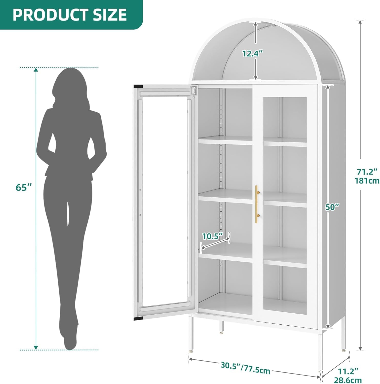 71" Arched Glass Display Cabinet, Tall Metal Storage Cabinet with Adjustable Shelves and Glass Doors, White