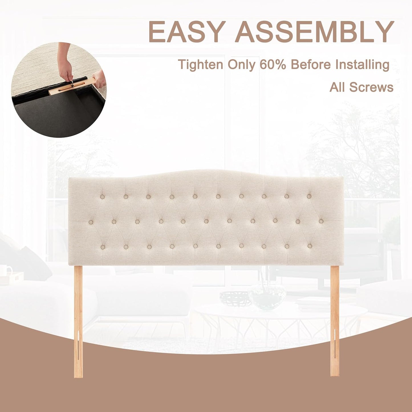 Tufted Upholstered Headboard Queen Size, Sturdy and Durable Solid Wood Bed Headboard, Fabric Headboard Adjustable Height from 37” to 51”, Modern Button Diamond Design Head Board, Beige
