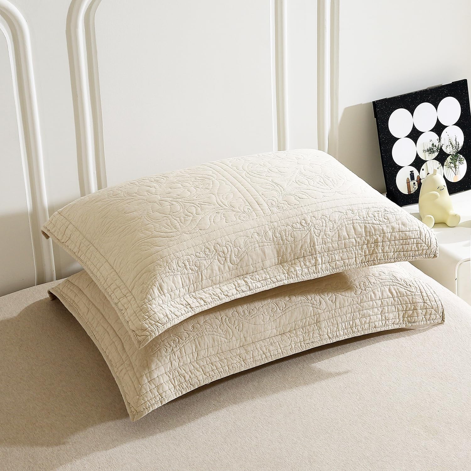 100% Cotton Quilted Pillow Sham Floral Printed Pillow Cover (King, Beige)