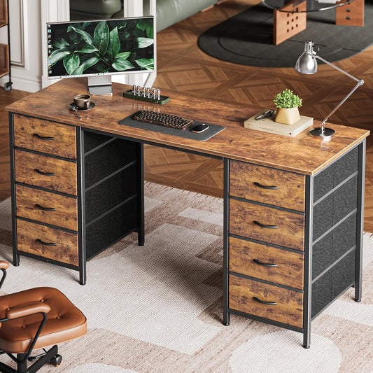 55 Inch Computer Desk with 8 Fabric Drawers, Office Desk Work Desk for Home Office, Study, Gaming Desk with Drawers, Large Storage, Rustic Brown