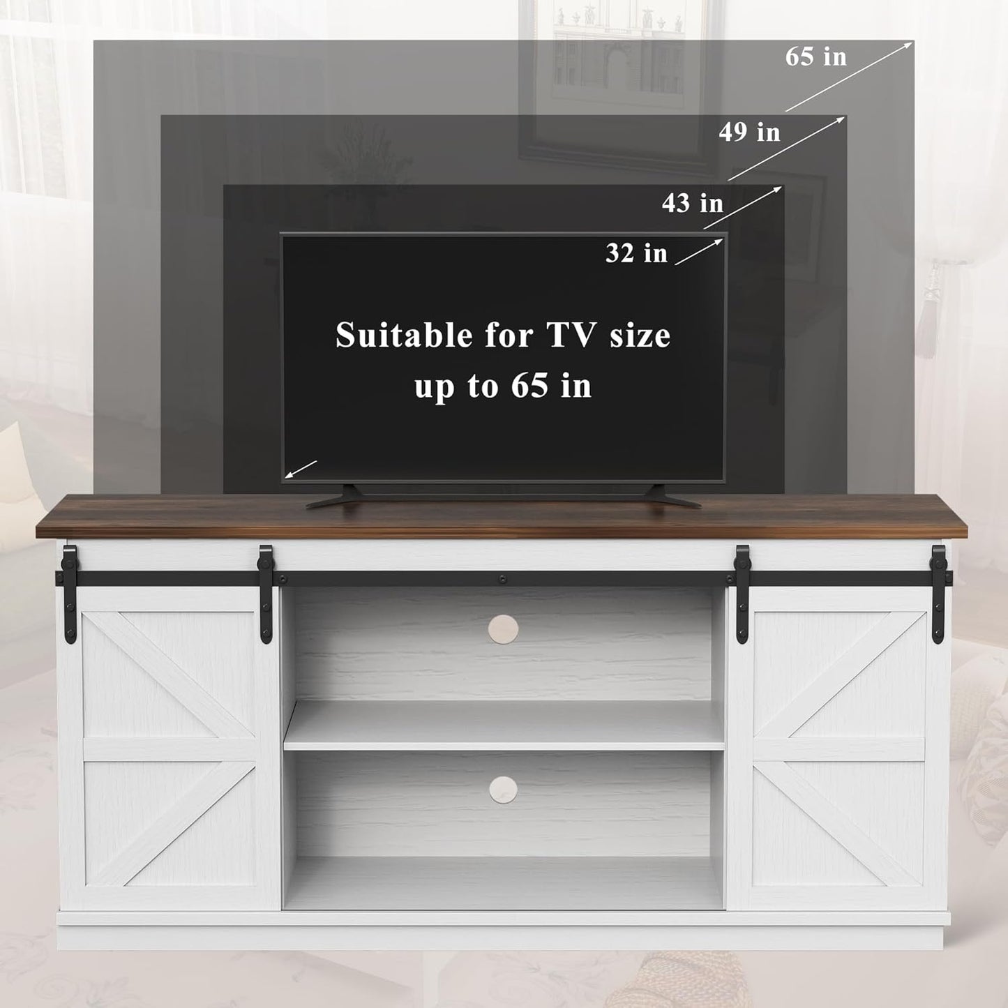 Farmhouse TV Stand for Televisions up to 65 Inches, Sliding Barn Doors and Storage Cabinets, Console Table and Media Furniture for Living Room, 58 Inch, Milk White
