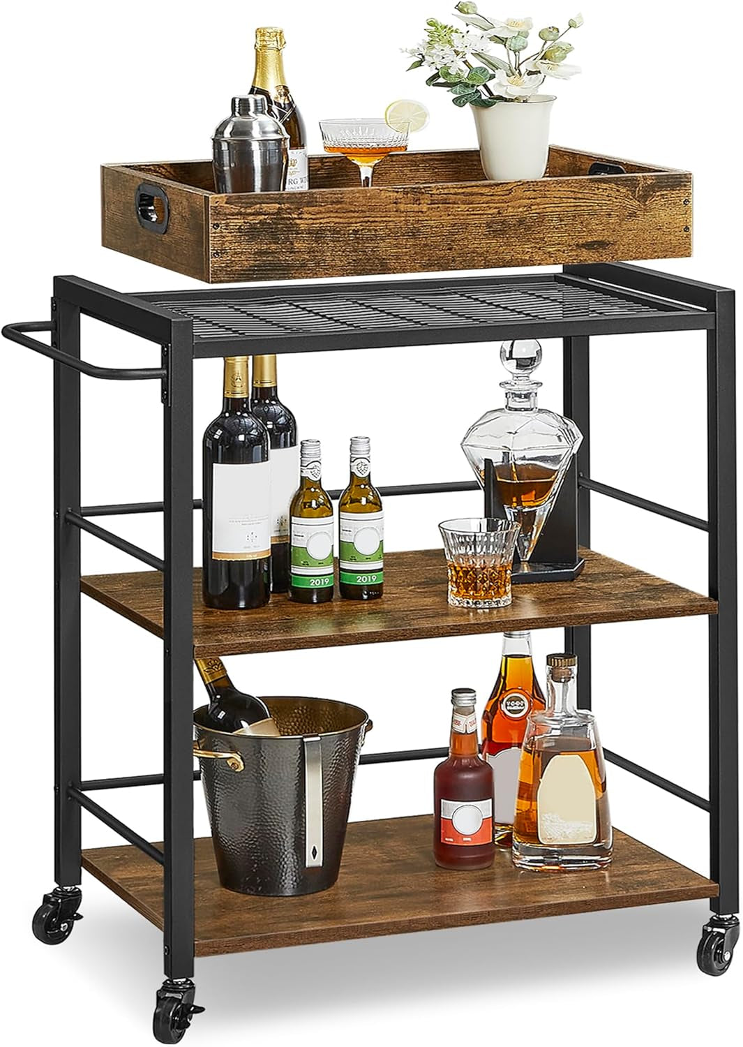 Kitchen Serving Cart with Removable Tray, 3-Tier Kitchen Utility Cart on Wheels with Storage, with Brakes, Leveling Feet, 15.7 X 28.3 X 33.9 Inches, Rustic Brown and Black ULRC72X