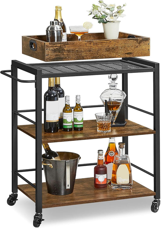 Kitchen Serving Cart with Removable Tray, 3-Tier Kitchen Utility Cart on Wheels with Storage, with Brakes, Leveling Feet, 15.7 X 28.3 X 33.9 Inches, Rustic Brown and Black ULRC72X