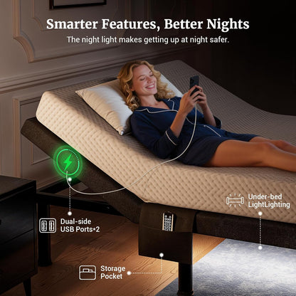 T600 Adjustable Bed Frame Split King Size with Remote & Massage - Syncable Electric Beds Bases, Zero Gravity, Dual Side USB, Nightlight, Quiet Motor, 5 Min Easy Assembly
