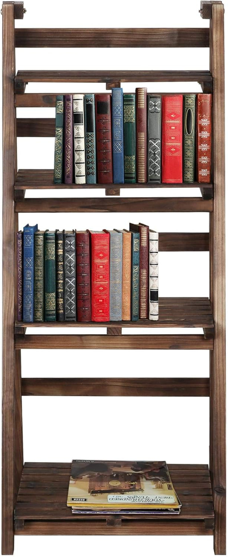 Foldable Ladder Shelves, Decorative Wall-Leaning Home Office Storage Rack Shelves, Display Shelving for Livingroom Bedroom Balcony, Fir Wood Brown, Simple Assembly 4 Tier