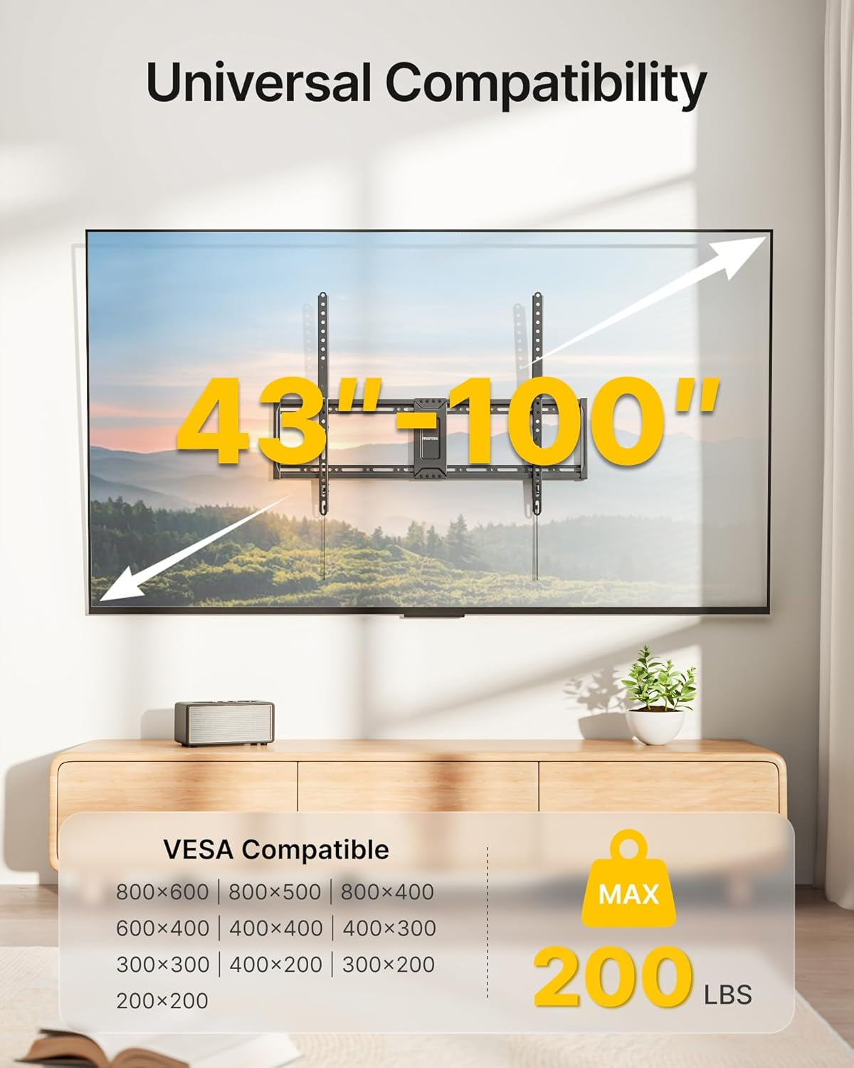 Heavy Duty Tilt TV Wall Mount for 43–100" Large Flat & Curved Tvs, Holds 200 Lbs, Ultra Slim Low Profile Bracket with 8° Tilt, Fits 16"/18"/24" Wood Studs, Max VESA 800X600, 4× Load Tested