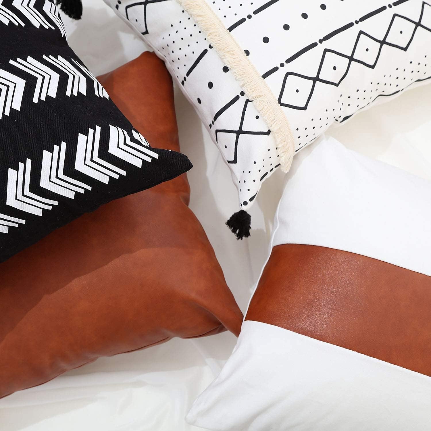 Boho Throw Pillow Covers 18 X 18 Set of 4 - Modern Stripe Geometric Farmhouse Decorative Pillow Cover Sets for Pillows - Couch Sofa Bed,Faux Leather Black and White Pillow Covers