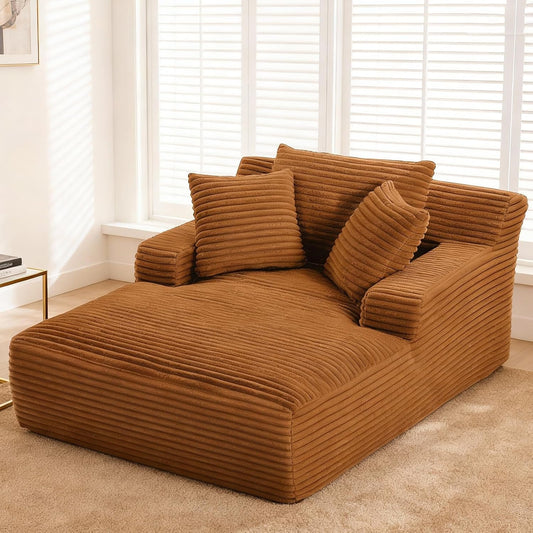 66" Chaise Lounge Chair Indoor, Oversized Boneless Couch Comfy Upholstered Sleeper Sofa Bed with 3 Pillows, Corduroy Cloud Reading Chair for Living Room No Assembly Required, Orange