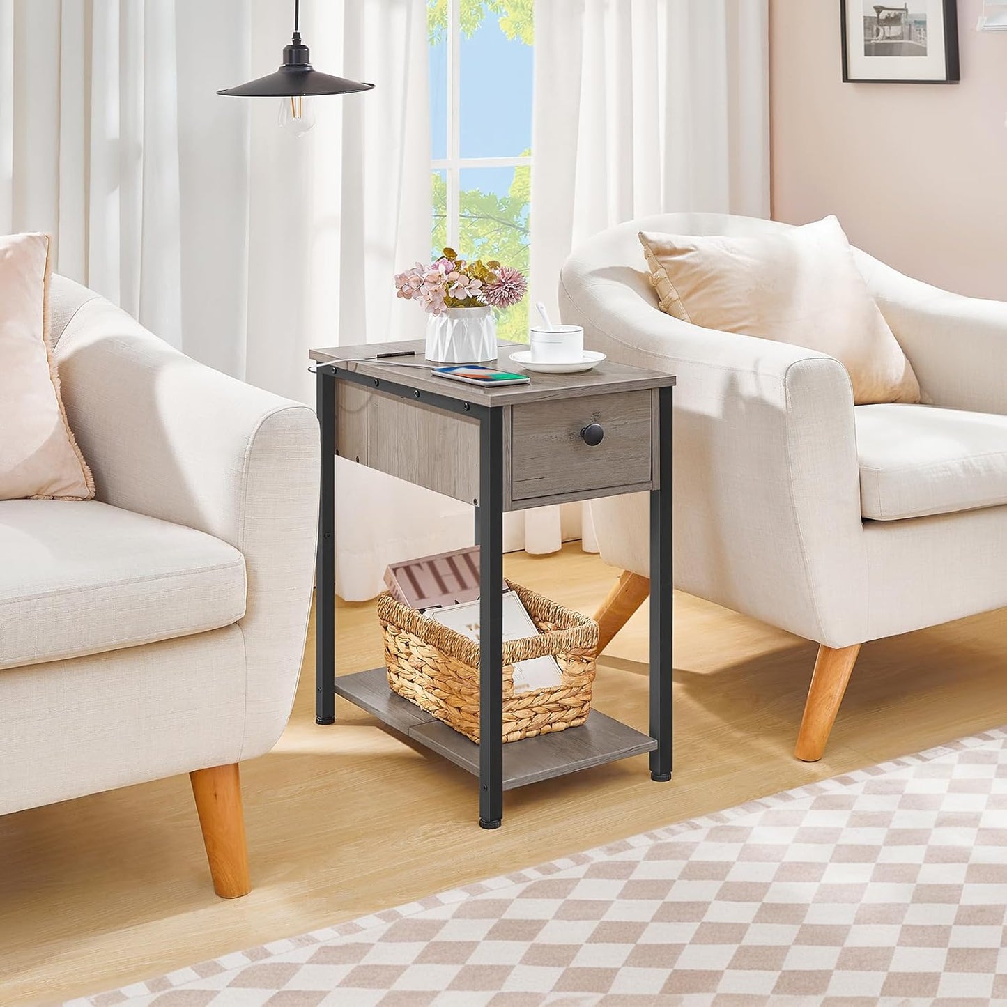 End Table with Charging Station, Narrow Side Table, Small Nightstand, Bedside Tables with Drawer and Storage Shelves, for Small Spaces, Living Room, Bedroom, Greige and Black BG041BZ01G1