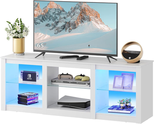 LED TV Stand for 65-Inch TV, 58-Inch Entertainment Center with Adjustable Glass Shelves, Modern Media Console for Living Room & Bedroom, White