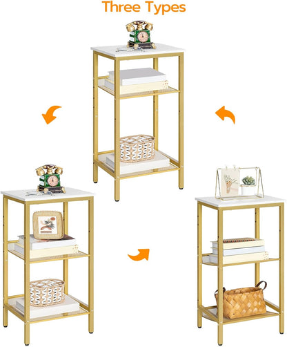 Side Table, 3-Tier Tall End Telephone Table with Adjustable Mesh Shelves, Small Entryway Stand for Living Room Bedroom Hallway or Office, White and Gold DW01DH01G1