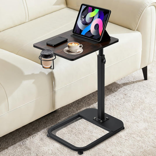 Adjustable TV Tray Table with Rounded Metal Corners, C-Shaped Snack Table for Couch, Sofa, Bed or Chair, Small Space Side Table for Eating, Dinner, or Laptop Use