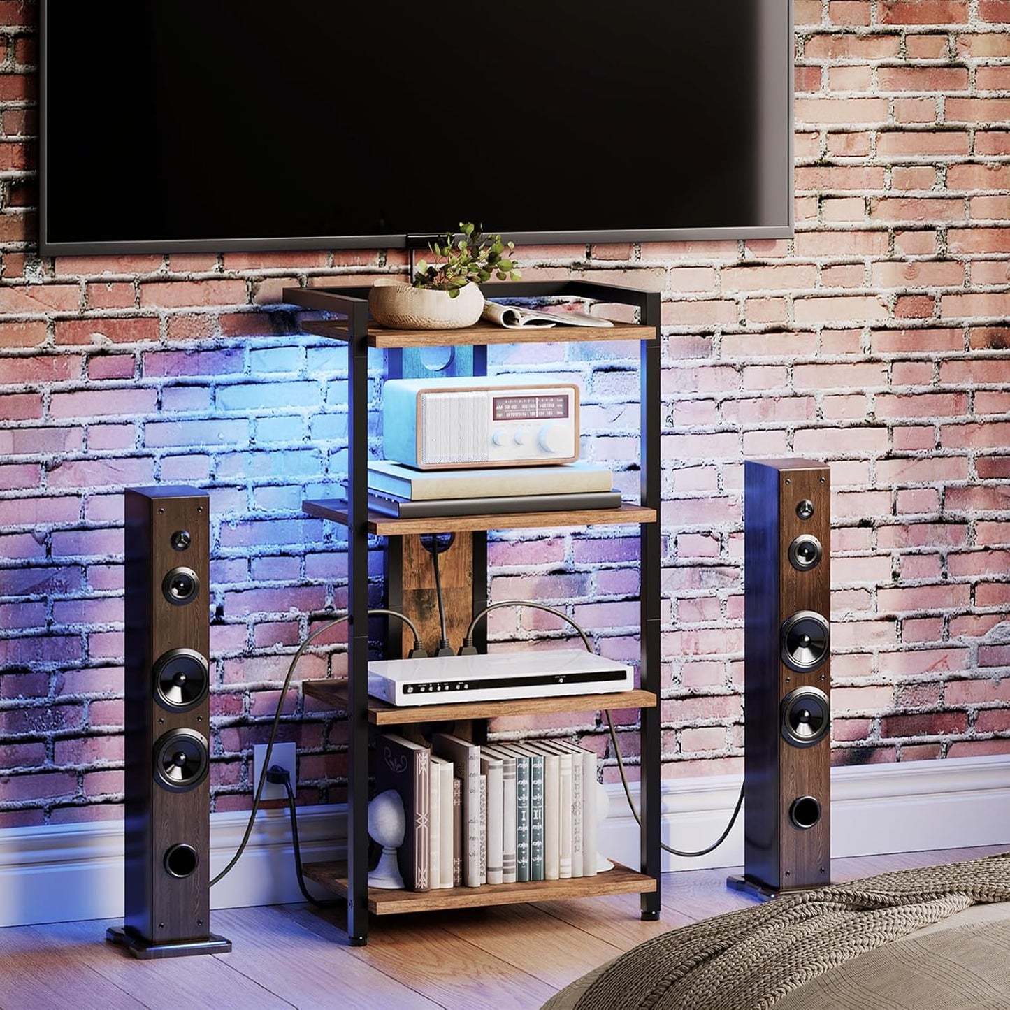 4-Tier AV Media Stand, Media Console with Charging Station and LED Light, Wooden Stereo Cabinet, Corner TV Stand, Record Player, Entertainment Device Stand, Rustic Brown and Black BF38UDCJ01