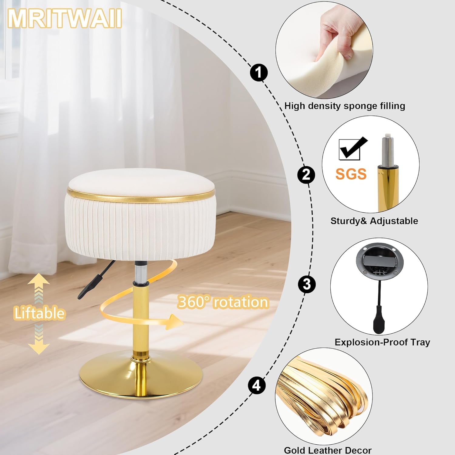 Adjustable Vanity Stool with Storage, 360° Swivel Makeup Stool Chair Small Velvet round Ottoman with Gold Base for Bedroom (Beige)