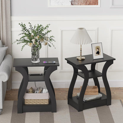 Black End Table Set of 2 with Charging Station, Side Table with USB Ports and Outlets, Black Nightstand, 3 Tier End Table with Storage Shelf for Living Room, Bedroom