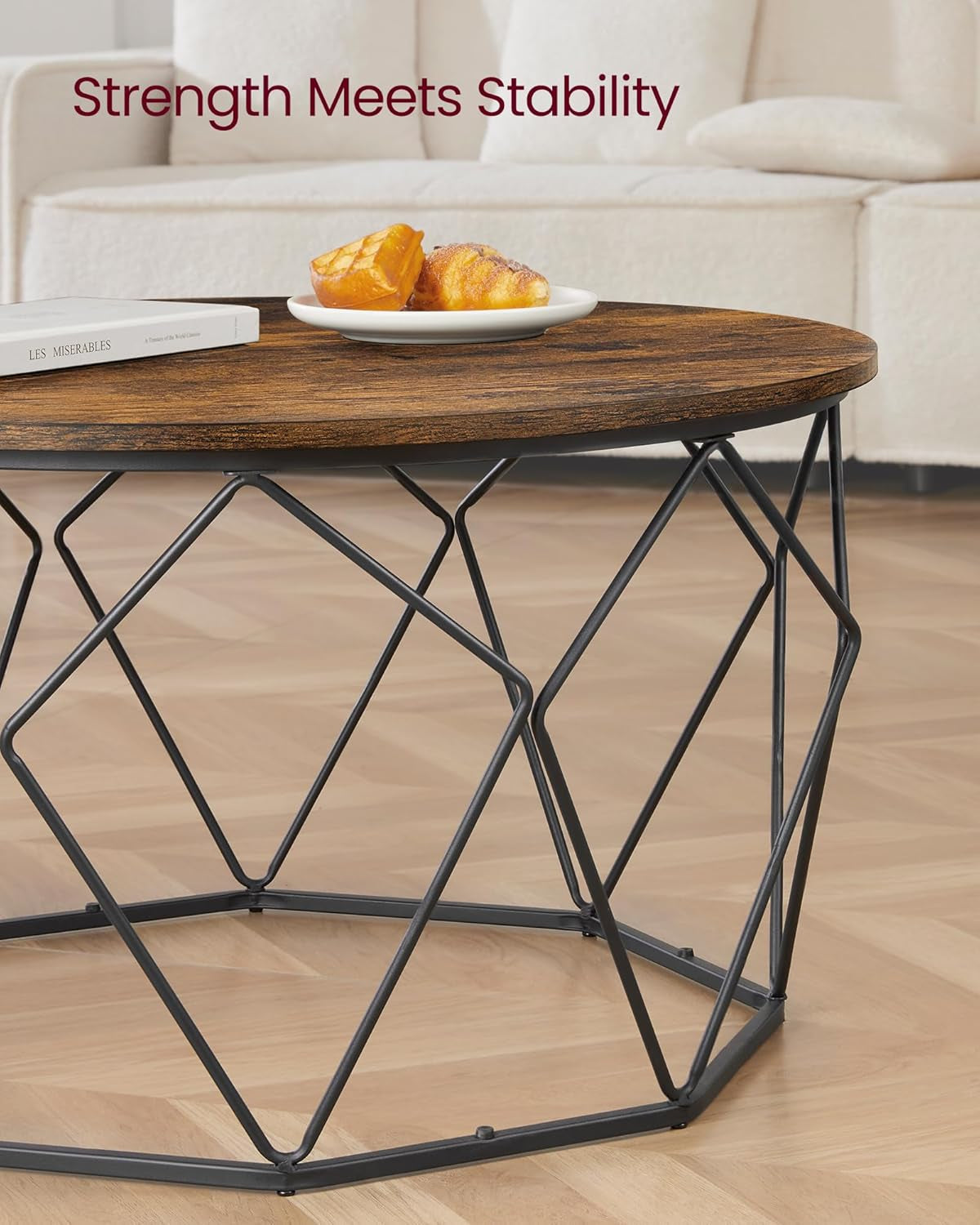 round Coffee Table for Living Room, Cage Cocktail Table with Steel Frame, 31.5 Inches Dia., Industrial Style, Rustic Brown and Black ULCT040B01