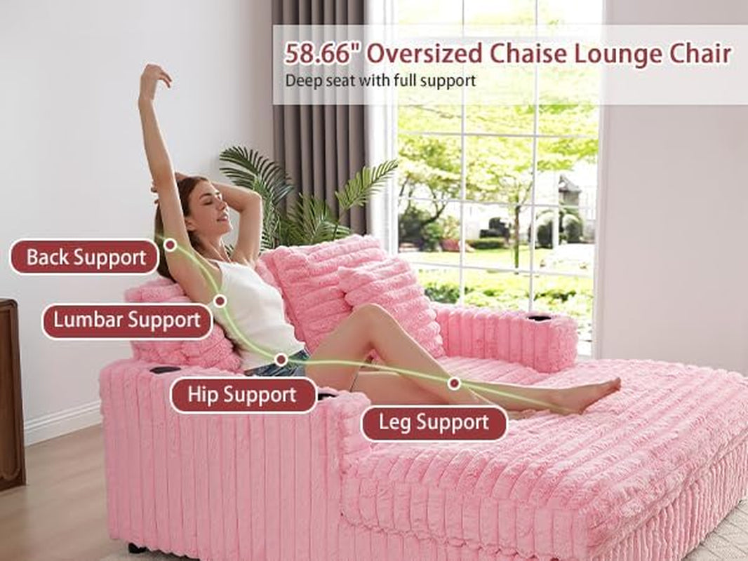 58'' Oversized Chaise Lounge Chair Indoor, Plush Faux Rabbit Fur Sleeper Sofa Bed with 4 Pillows, Charging Station & Cup Holders, Fluffy Comfy Cloud Couch Loveseat Sofa for Living Room,Pink
