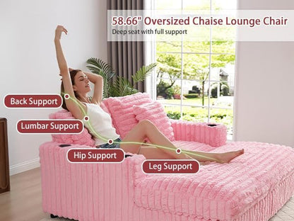 58'' Oversized Chaise Lounge Chair Indoor, Plush Faux Rabbit Fur Sleeper Sofa Bed with 4 Pillows, Charging Station & Cup Holders, Fluffy Comfy Cloud Couch Loveseat Sofa for Living Room,Pink