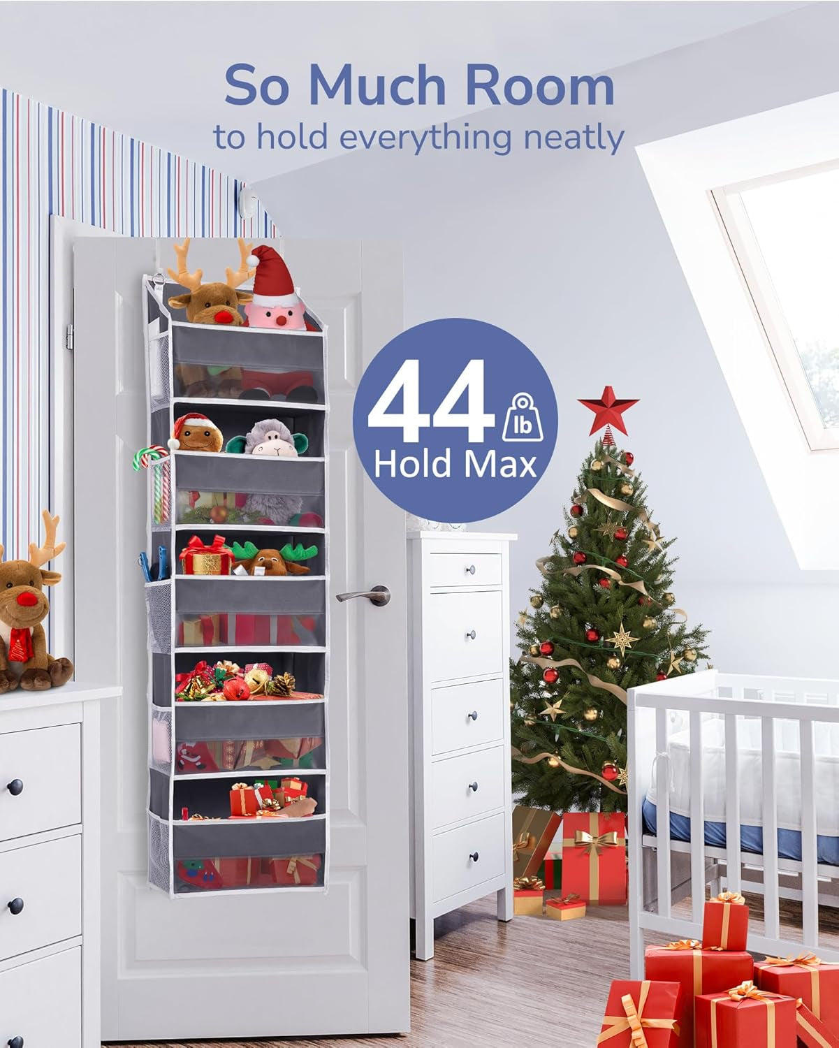 1 Pack over Door Organizer with 5 Large Pockets 10 Mesh Side Pockets, 44 Lbs Weight Capacity Hanging Storage Organizer with Clear Window Kids Toys, Shoes, Diapers, Dark Grey, 5 Layers