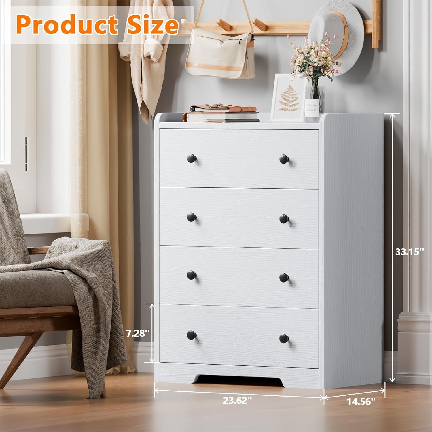 4-Drawer Dresser for Bedroom - White Wood Chest of Drawers Closet Storage Cabinet Organizer for Bedroom, Living Room, Hallway & Office