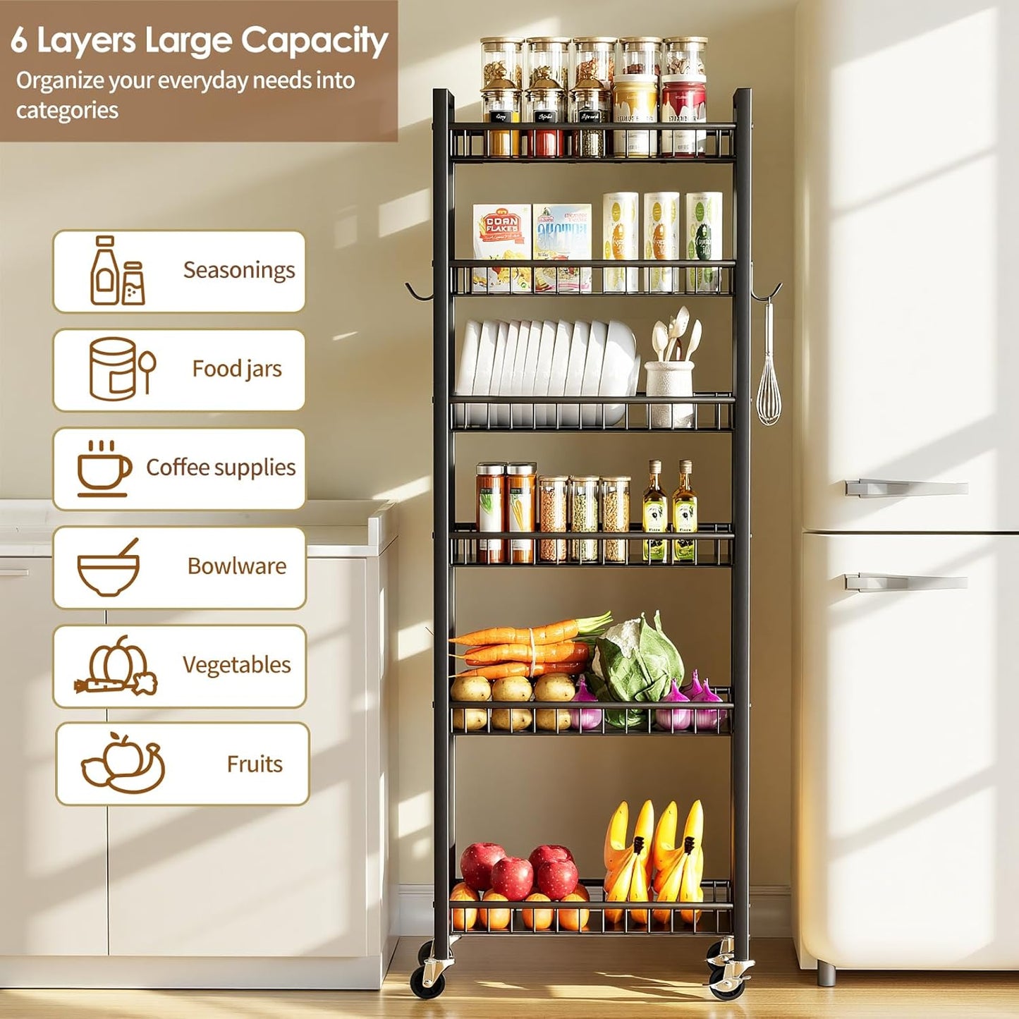 6 Tier Slim Storage Cart, Narrow Rolling Cart with Wheels, Narrow Mobile Utility Shelf Unit Organizer for Kitchen, Bathroom, Laundry Room, Living Room, Small Places, 10In(W), Black