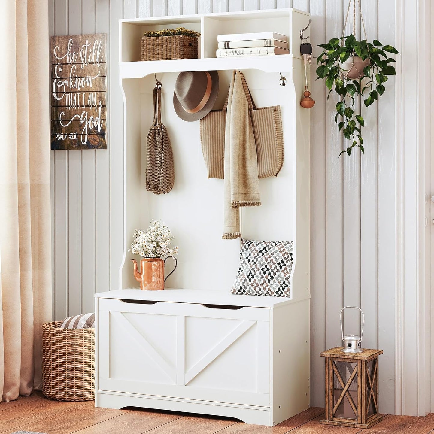 Hall Tree with Bench and Shoe Storage, Entryway Bench with Coat Rack and Shoe Cabinet, Flip-Down Cabinet Door, Coat Rack with Shoe Rack, for Mud Room, White WT84MT01
