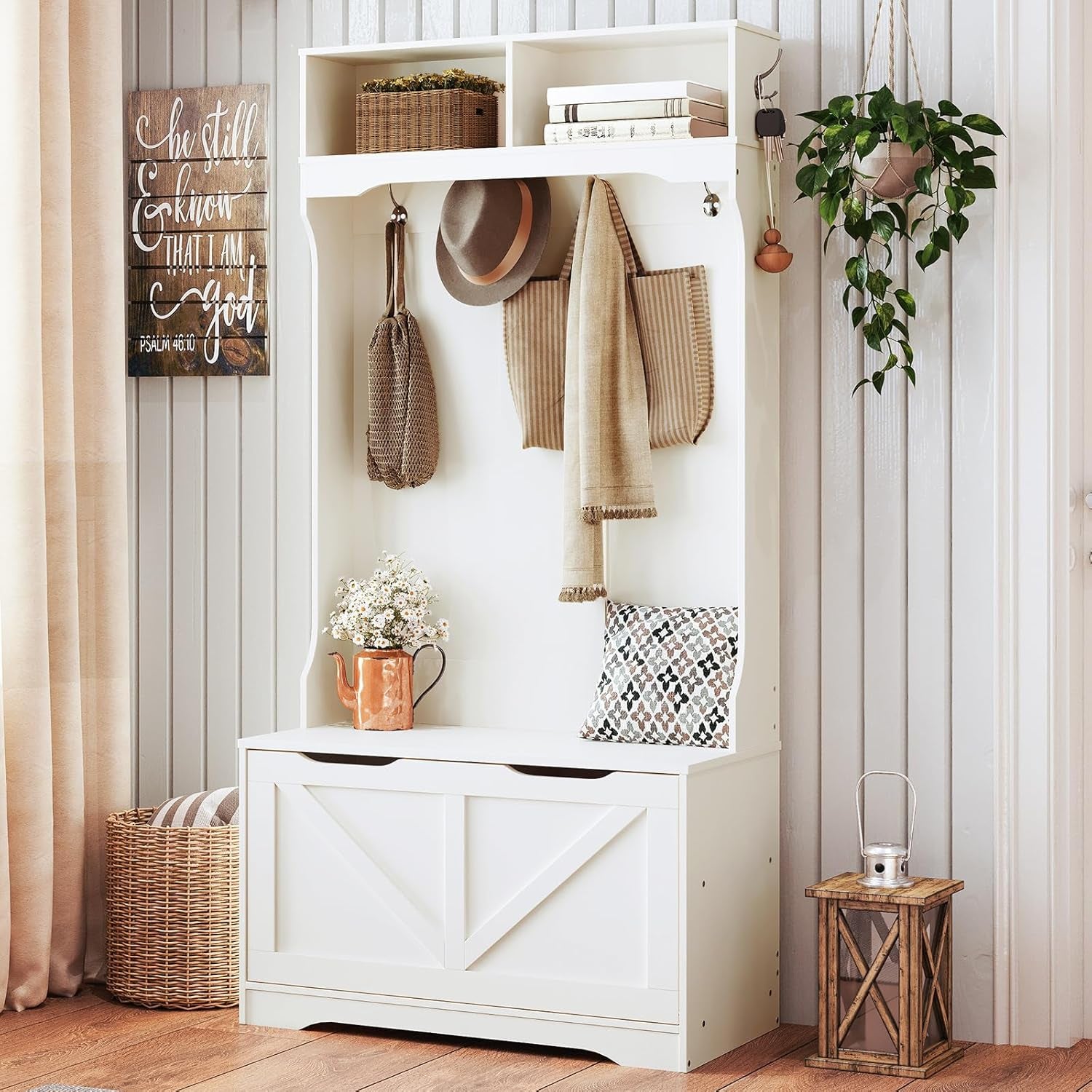 Hall Tree with Bench and Shoe Storage, Entryway Bench with Coat Rack and Shoe Cabinet, Flip-Down Cabinet Door, Coat Rack with Shoe Rack, for Mud Room, White WT84MT01