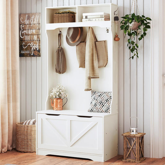 Hall Tree with Bench and Shoe Storage, Entryway Bench with Coat Rack and Shoe Cabinet, Flip-Down Cabinet Door, Coat Rack with Shoe Rack, for Mud Room, White WT84MT01