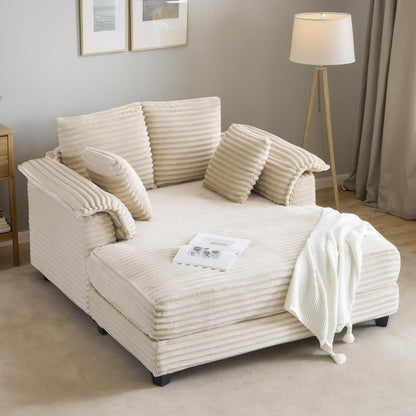56" Oversized Chaise Lounge Chair, Beige Comfy Corduroy Chaise Sofa Recliner Bed Upholstered Sleeper Couch Bed with Throw Pillows and Armrests for Living Room, Movie Room, Bedroom