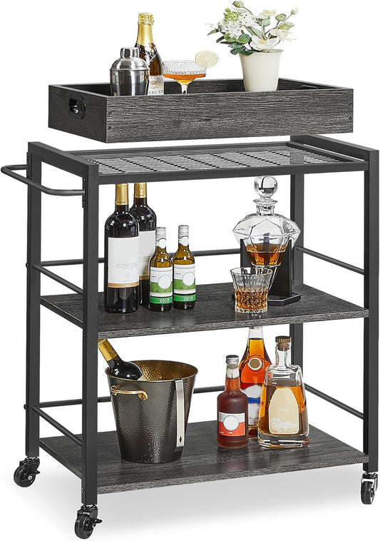 Kitchen Serving Cart with Removable Tray, 3-Tier Kitchen Utility Cart on Wheels with Storage, with Brakes, Leveling Feet, 15.7 X 28.3 X 33.9 Inches, Charcoal Gray and Black ULRC072B04