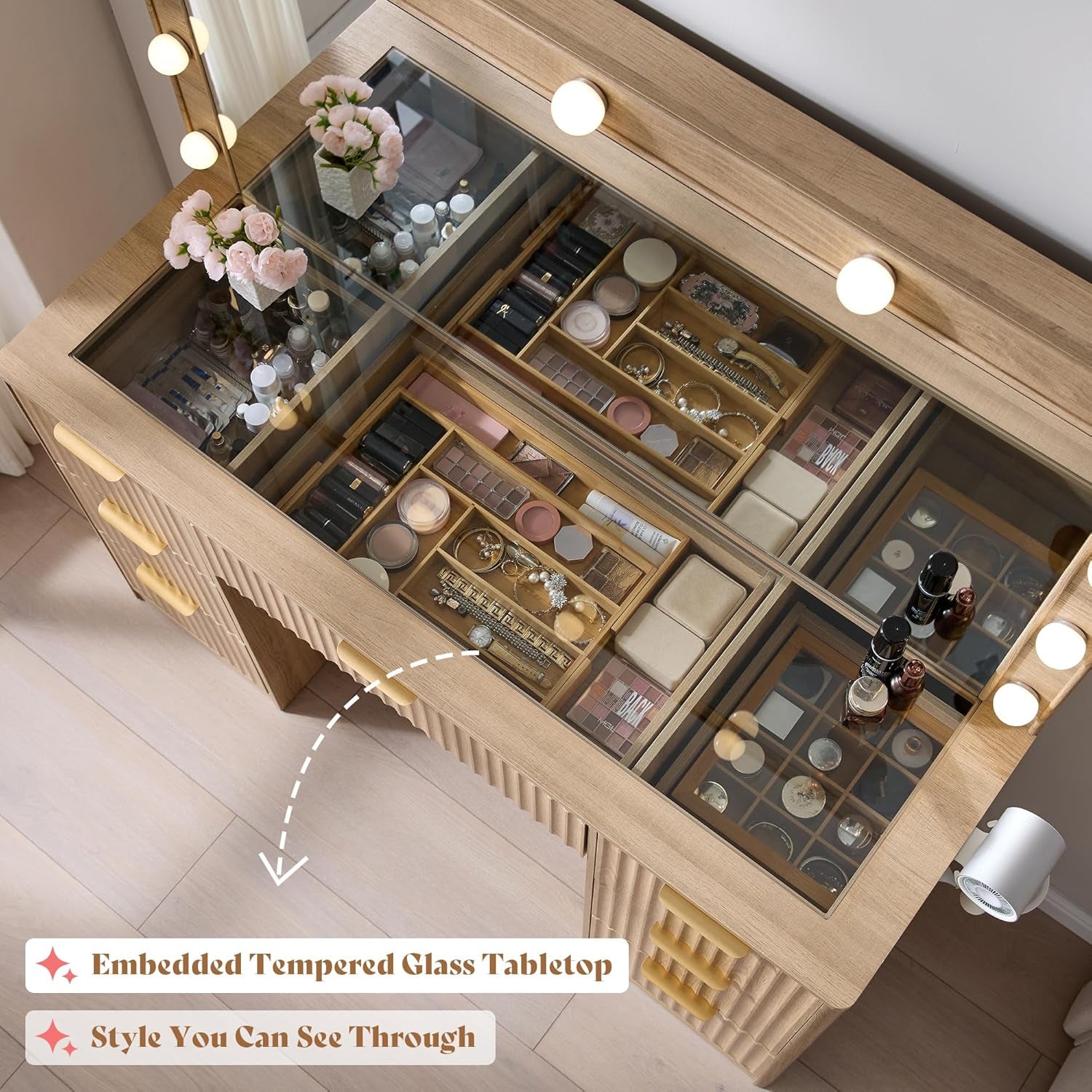 47.2" Fluted Vanity Desk with Large Mirror and Adjustable LED Lights, 7 Drawers Makeup Table with Glass Top and Charging Station for Women and Girls, Bedroom or Dorm, Oak