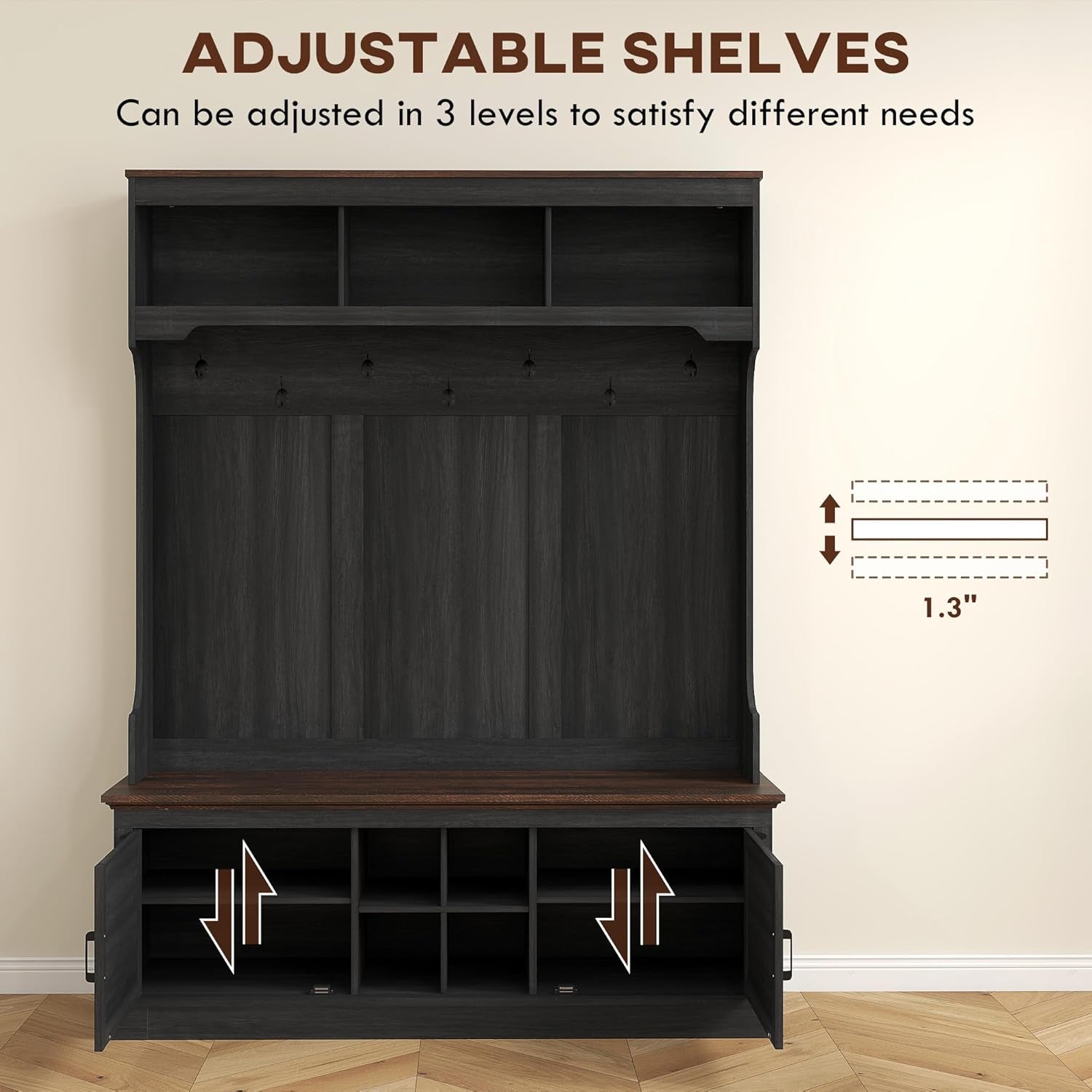 3-In-1 Hall Tree with Storage, Farmhouse Coat Rack with Bench, Standing Shoe Rack with Seven Hooks for Entryway, Black Wood Grain