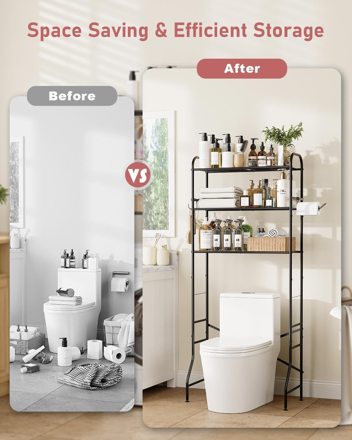 Over the Toilet Storage Rack, 3-Tier Metal Bathroom Organizer with Hooks, over the Toilet Storage Cabinet, Space Saver Shelf for Bathroom, Black, 23.6" X 13.0" X 63.4"