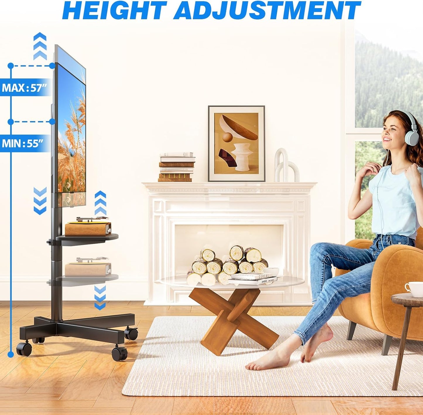 Mobile TV Stand for 23-60 Inch LCD LED Flat/Curved Panel Screen Tvs up to 88 Lbs, Rolling TV Stand with Adjustable Shelf & Tilt, Portable Floor Stand on Wheels for Bedroom, Living Room, Office