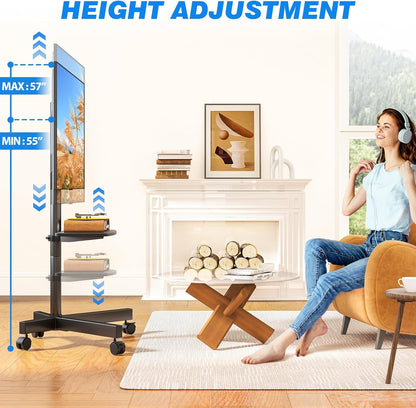 Mobile TV Stand for 23-60 Inch LCD LED Flat/Curved Panel Screen Tvs up to 88 Lbs, Rolling TV Stand with Adjustable Shelf & Tilt, Portable Floor Stand on Wheels for Bedroom, Living Room, Office
