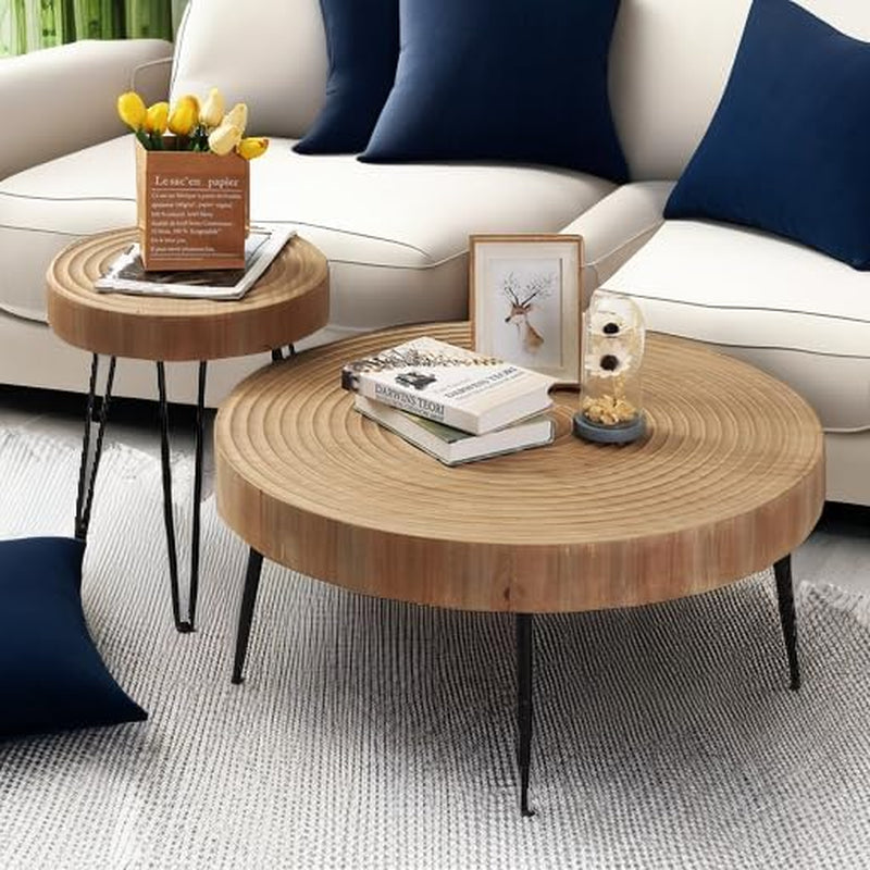Farmhouse round Coffee Table Set of 2, Cocktail Table Set, Modern Circle Natural Wood Finsh Side and End Table Sets for Living Room(Helical, Natural)