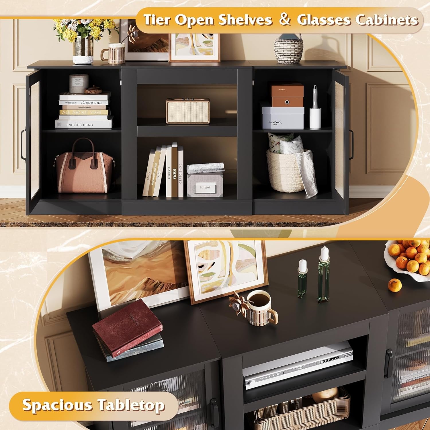 Farmhouse TV Stand for 65 Inch TV, 58" Entertainment Center with Storage Cabinets, Open Shelves TV Console for Living Room and Bedroom, Black