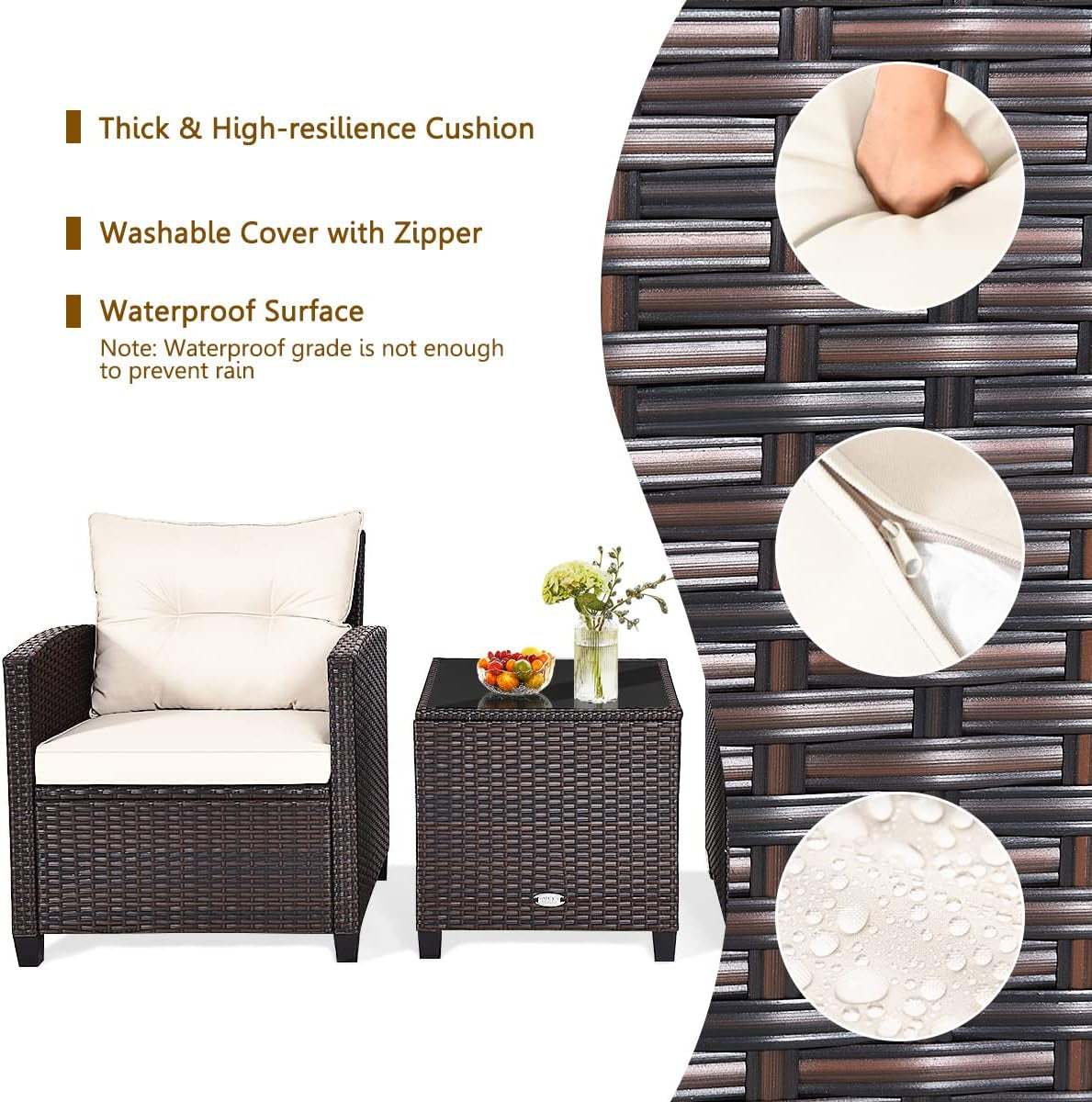 3 Piece Patio Furniture Set, Outdoor Conversation Set with Washable Cushions & Tempered Glass Tabletop, PE Rattan Wicker Bistro Set for Porch, Garden, Balcony (White)